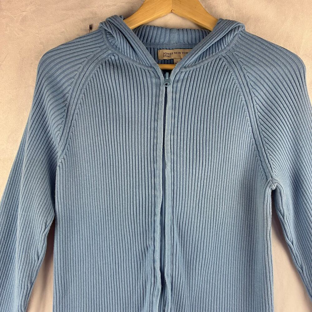 Y2K Jones New York Ribbed Slate Blue Full Zip Hooded Sweater Jacket Womens Large - Picture 4 of 9
